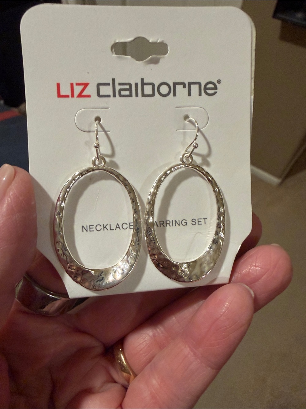 Liz Claiborne Silver Hammered Oval Dangle Earrings